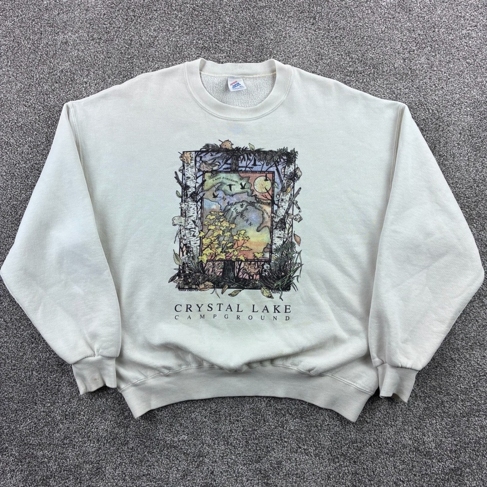 Vintage Crystal Lake Campground Sweatshirt Mens XL White 90s USA Michigan Map